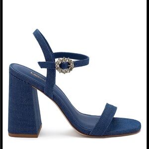Larroude Blue Denim Block Heel Sandals